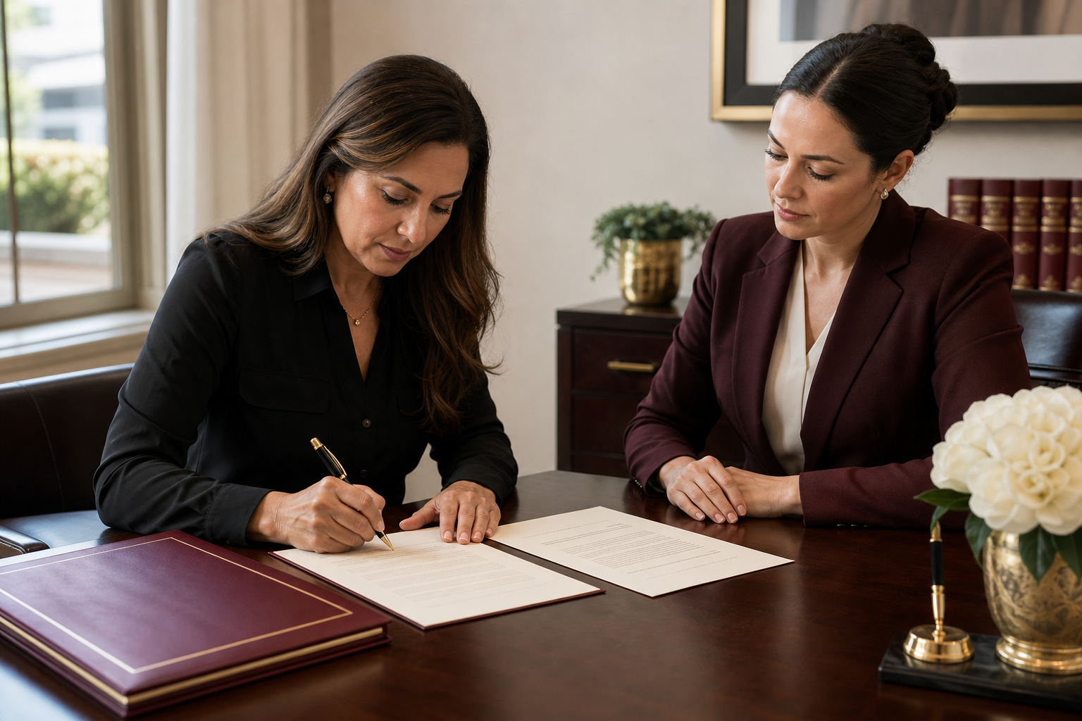 A client signs a power of attorney form while a notary observes across a wooden desk