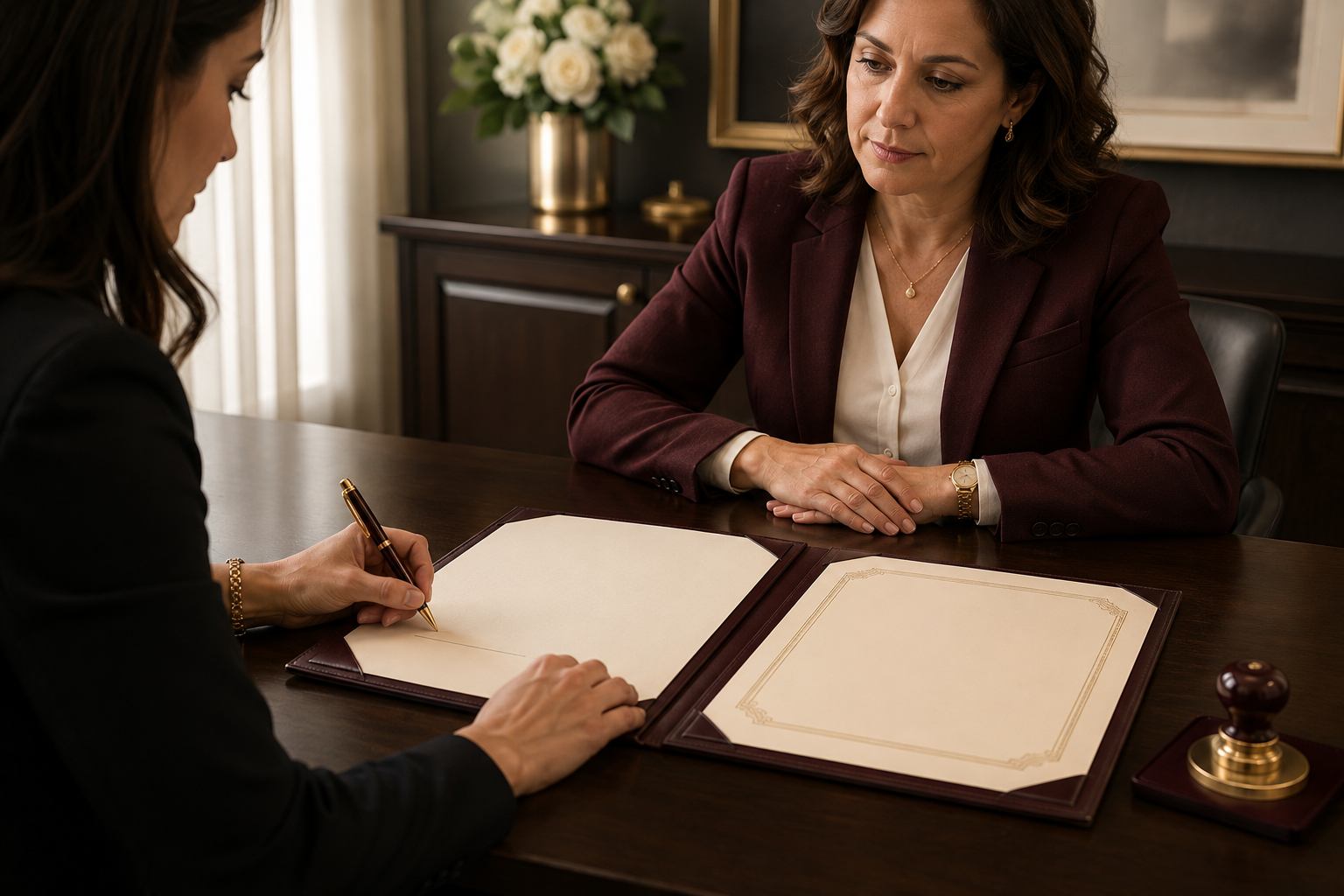 A notary watches a client sign a document in a leather folder, with a stamp on the desk