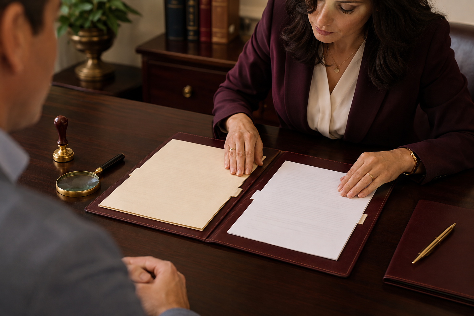 A notary compares an original document with its copy in a folder, beside a stamp and magnifying glass