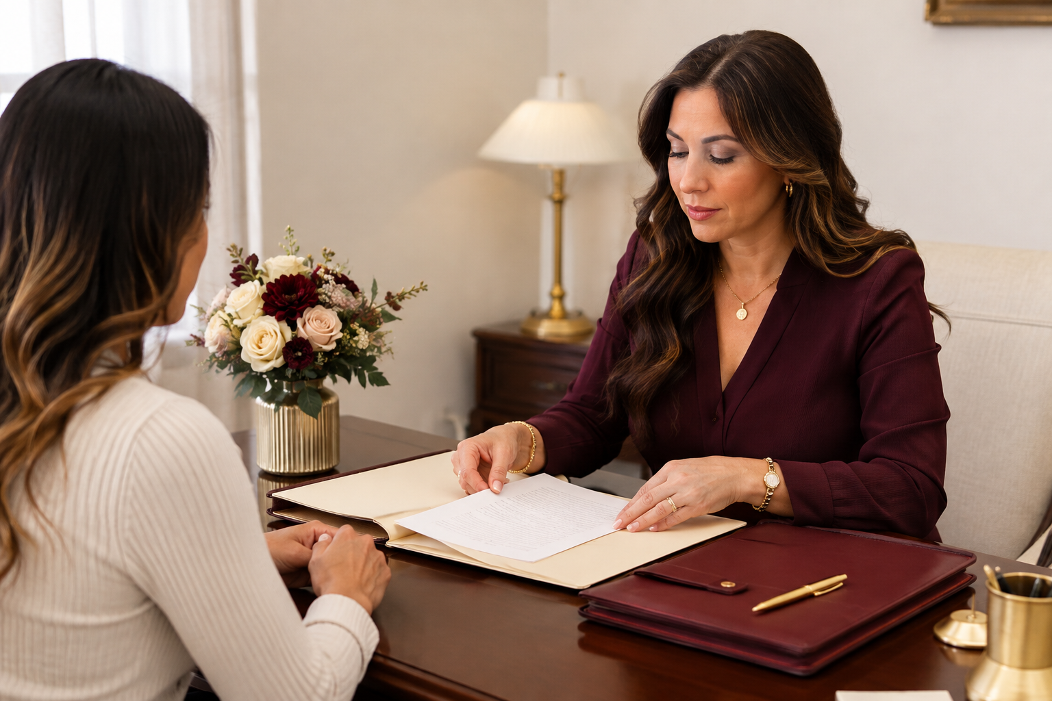 A notary presents a folder of personal documents to a client seated at a desk