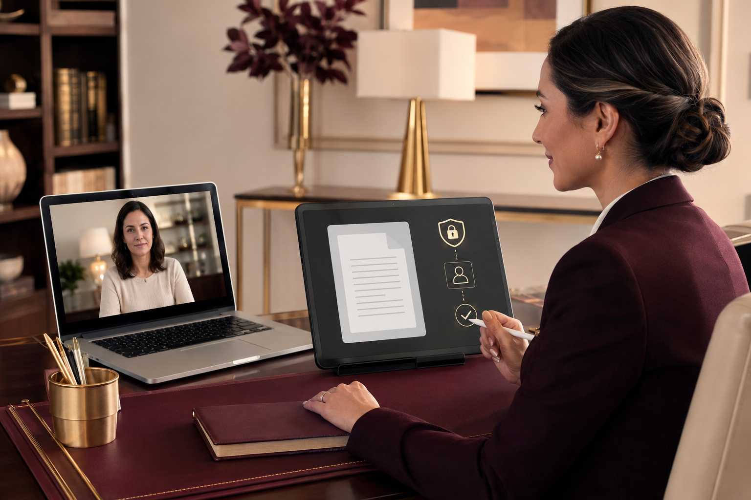 A signer participates in a remote notarization session using a laptop and tablet