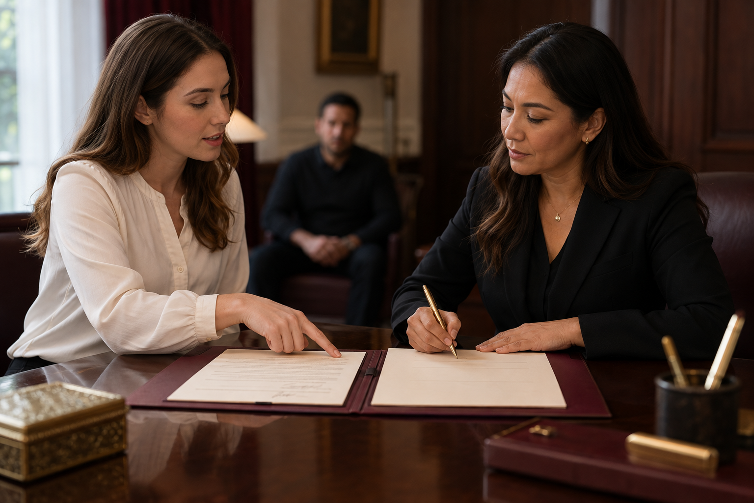 A notary and a subscribing witness review a document together at a wooden desk