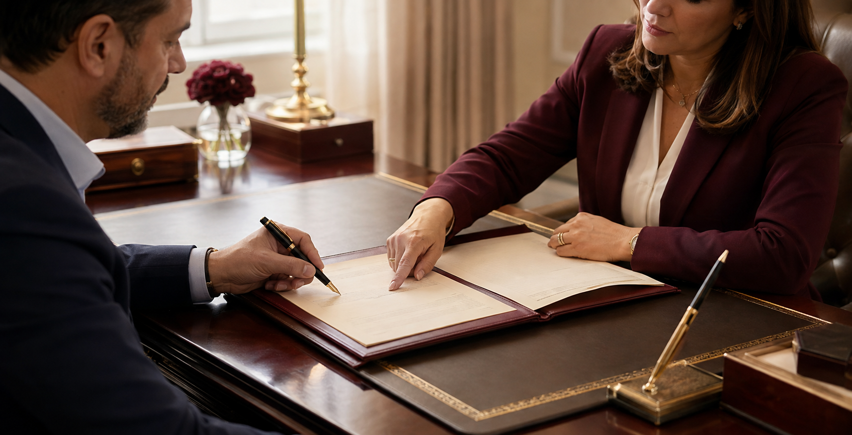 A man signs a sworn statement in a leather folder while a notary points to the signature line